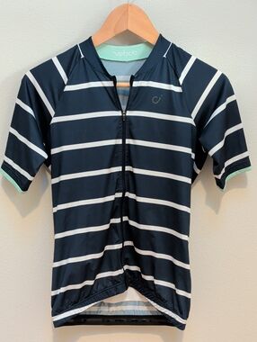 Women's Velocio Navy + White Striped Cycling Jersey with Mint Accents